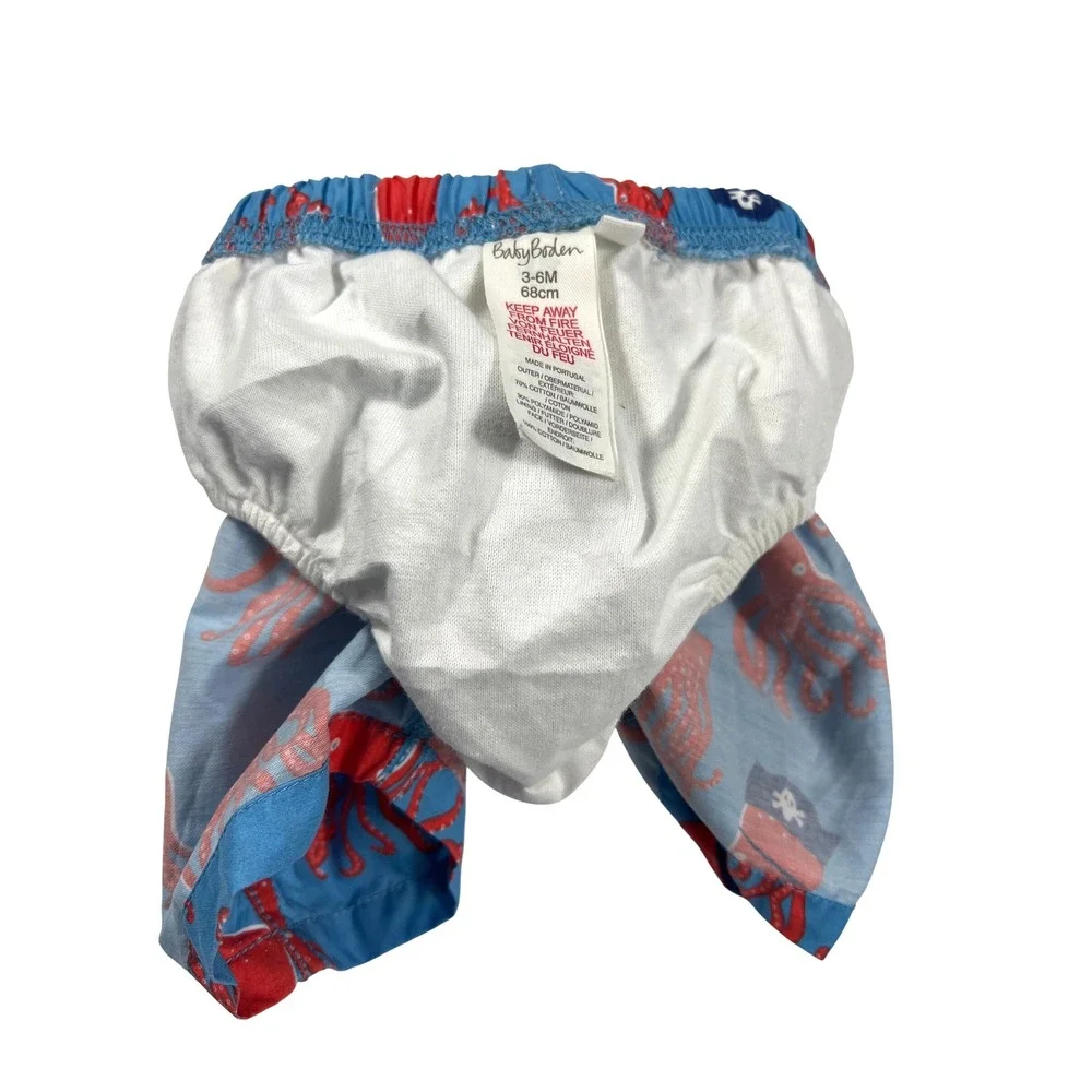 Baby Boden Octopus Pirate Print Swim Trunks Blue Red 3-6 Months Beach Summer EUC